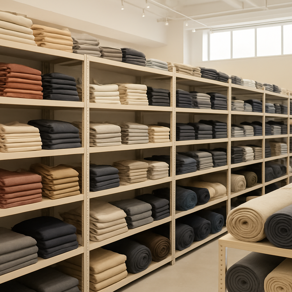 Organized garment warehouse with stocked shelves